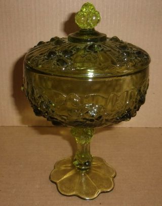 Vintage Fenton Glass Cabbage Rose Colonial Green Covered Compote Candy Dish
