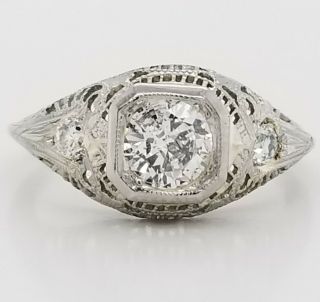 18k White Gold Vintage Art Deco Filigree 0.  80ct Natural Round Diamond Ring Si2