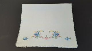 Vintage Hand Embroidered Dresser Scarf Table Runner Pink Blue Floral 4171
