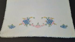 Vintage Hand Embroidered Dresser Scarf Table Runner Pink Blue Floral 4171 2