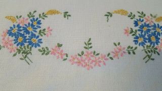 Vintage Hand Embroidered Dresser Scarf Table Runner Pink Blue Floral 4171 3