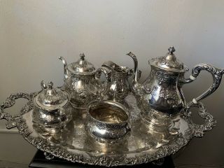 Antique 5 Piece Sterling Silver Tea Set Tea Pot Creamer Sugar Bowl Very Rare