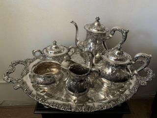 Antique 5 Piece Sterling Silver Tea Set Tea Pot Creamer Sugar Bowl Very Rare 2