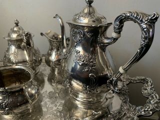 Antique 5 Piece Sterling Silver Tea Set Tea Pot Creamer Sugar Bowl Very Rare 3