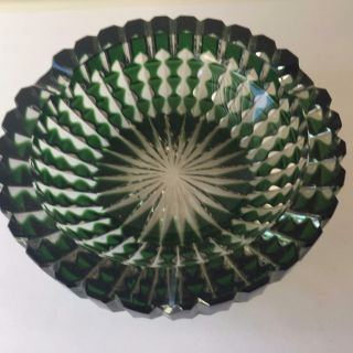 Bohemian Vintage Glass Vintage Ashtray Emerald Green Cut Clear Great Design