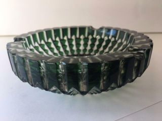 Bohemian Vintage Glass Vintage Ashtray Emerald Green Cut Clear Great Design 3