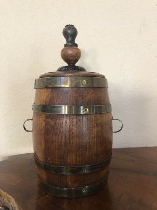 Antique Tiger Oak Wood Leather Brass Barrel Humidor Pipe Cigar Tobacco Storage