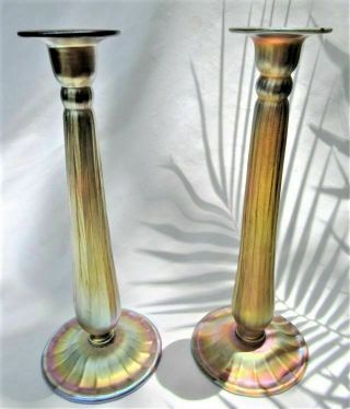 Pair Antique Signed L C Tiffany Favrile Gold Art Glass 12 " Candlesticks Holders