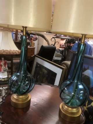 Pair Midcentury Italian Murano Glass Table Lamp Seguso Sommerso Teal Green Swirl