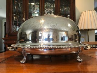 Vintage Huge Rare English Sheffield Plated Meat Dome W/crest,  25 " X 17 " X 15 " H