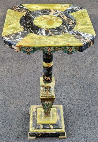 Antique French 19th C Green Onyx & Champleve Enamel Bronze Marble Pedestal Table