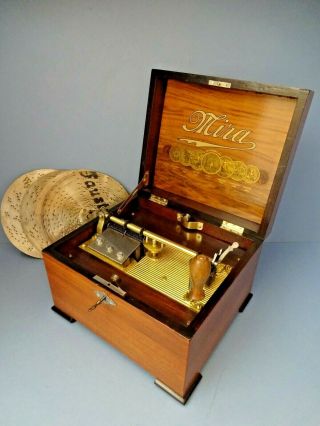 Early 20thc Antique " Mira " Mahogany Music Box,  With Four 7 " Disc 