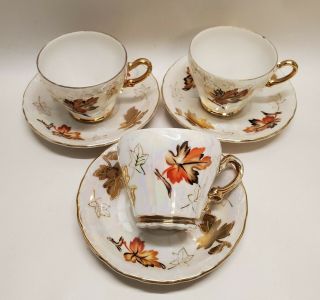 Vtg Sterling China Japan Fall Leaves,  Set Of 3 Tea Cups W/saucers,  Demitasse Cup