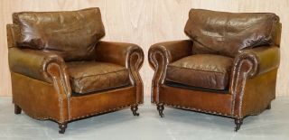 Timothy Oulton Balmoral Heritage Brown Leather Club Armchairs