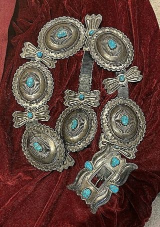 Very Large Navajo Sterling/ Gem Turquoise Concho Belt.  Vintage/antique.  934 Gm.