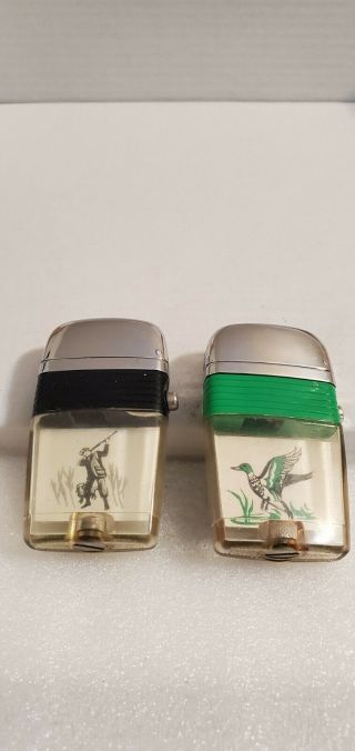 Vintage Scripto Vu Lighter: Hunter And Duck Two Pack - Black Band And Green Band