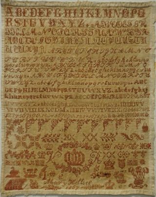 Small Mid 19th Century Red Stitch Work Bristol Sampler By Mary Hillier - 1867