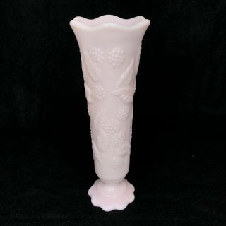 Large 8” Vintage Pink Milk Glass Vase With Grapes And Vines.  Heavy And Smooth.