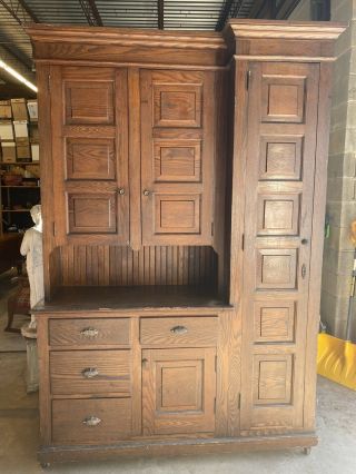 Antique Oak Stepback Cupboard & Cabinet 90” Tall W Hardware.