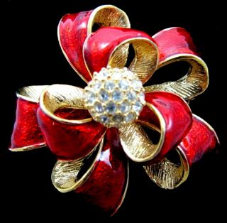 Vintage Roman Red Enamel Gold Tone & Crystal Ribbon Bow Christmas Brooch Pin