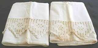 Pr Vtg Dan River White Cotton Percale Pillow Cases 4 " Long Crochet Edging