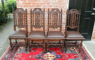 French Antique Upholstered Set Of 4 Louis Xiii Dining Chairs C.  1880s