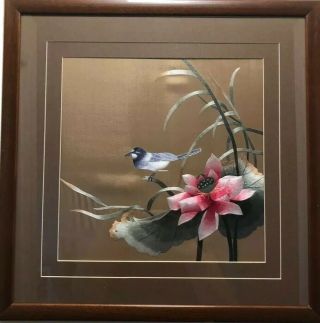 Vintage Framed Chinese Embroidered Silk Picture Of Blue Bird Lutos 17”x17”