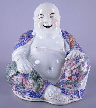 Fine Old Chinese Signed Porcelain Famille Rose Laughing Buddha Millefleurs