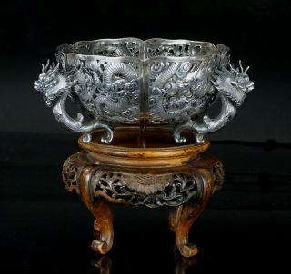 Fine Antique Chinese Solid Sterling Silver Pierced Dragon Bowl & Wooden Stand