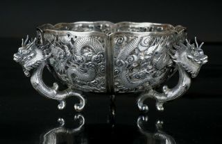 FINE Antique Chinese Solid Sterling Silver Pierced Dragon Bowl & Wooden Stand 2