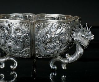 FINE Antique Chinese Solid Sterling Silver Pierced Dragon Bowl & Wooden Stand 3