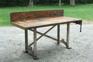 Vintage Antique Industrial Work Bench Cast Iron Leg Ge Kitchen Island Prep Table