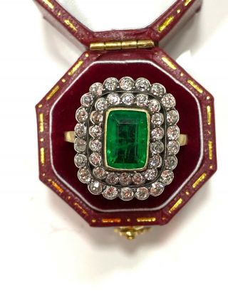 Victorian Antique 2.  50 Ct Emerald 1.  10 Ct Diamond Rare Large Sized Ring