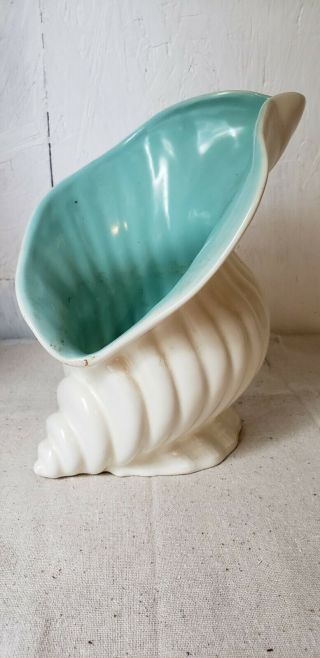 Vintage Catalina Island Pottery Vase Sea Shell Conch Aqua & White 7 " Tall
