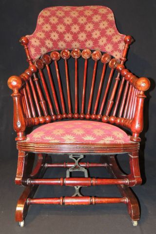 Wonderful Antique Hunzinger Mahogany " Lollipop " Platform Rocker Rocking Chair