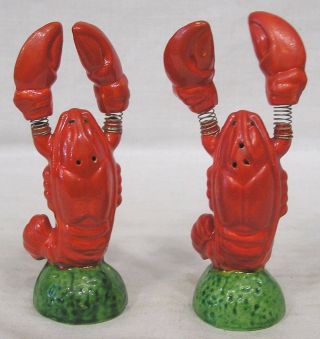 Vintage Pair Figural Novelty Salt Pepper Lobsters Claws On Springs Neat Japan