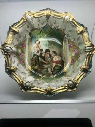 Antique Rs Prussia Porcelain Portrait Keyhole Dice Throwers Bowl Art Nouveau