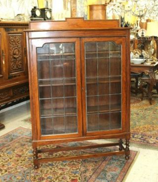 Antique English Barley Twist Oak 2 Leaded Glass Door Bookcase / Display Cabinet 2