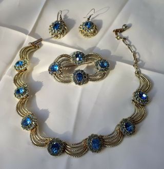 Vintage Ladies Costume Jewellery Silver - Tone & Mock Sapphire Necklace & Earrings
