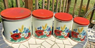 Vtg 1950’s Tin Litho Canister Set Floral Red Lids Poppies Daisies Kitchen