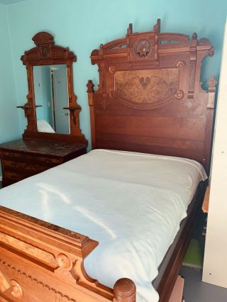 Vintage Walnut Victorian Bedroom Set Marble Top Bed Washstand Dressing Table
