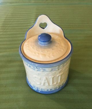 Vintage Hanging Salt Box /jar Farmhouse Decor - W/cover - Blue And White - Rare
