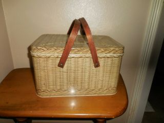 Vintage Decoware,  Tin Litho Picnic Basket,  Wood Handles Metal Faux Wicker Weave