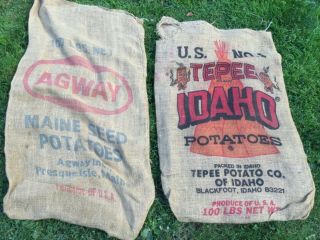 2 - Vintage Tepee Idaho & Agway Maine Seed Burlap Potato Sacks 100 Lbs