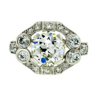 Antique Art Deco Platinum Gia 3.  17ctw European Diamond Solitaire Engagement Ring