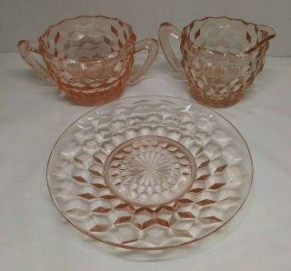Vintage Pink Cube Depression Glass Creamer And Sugar Bowl Plate Jeanette 1930s