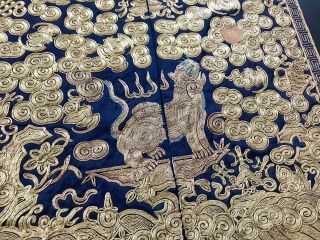 Antique Chinese Military Rank Badge Gold Thread Black Satin Tiger Bats Symbols