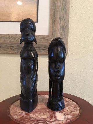 Pair Vintage Black Hand Carve Wood Figurine Sculpture African Tribal Man& Women