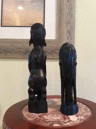 pair vintage black hand carve wood figurine sculpture african tribal man& women 2