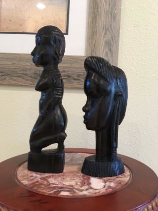 pair vintage black hand carve wood figurine sculpture african tribal man& women 3